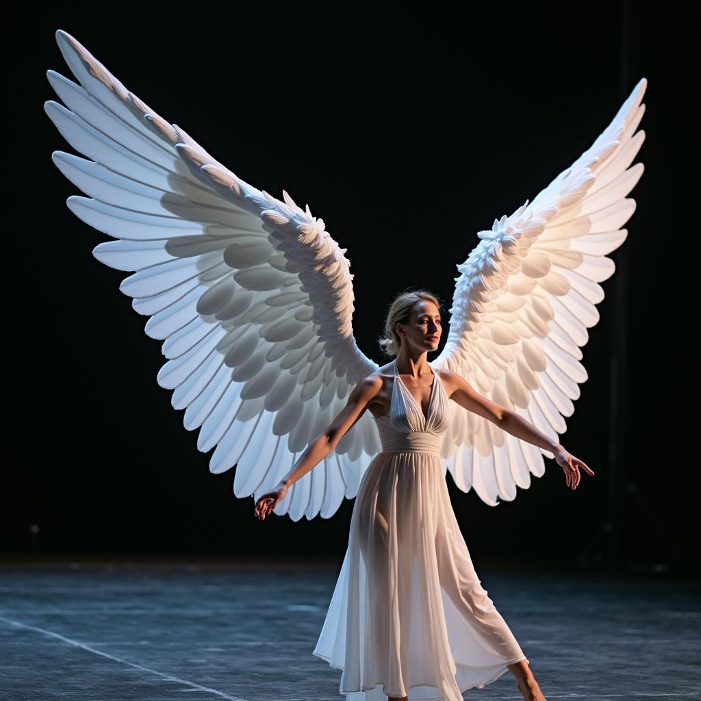 Articulated angel wings in motion during a performance