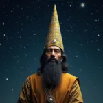 A depiction of an ancient astrology hat worn by an astrologer.