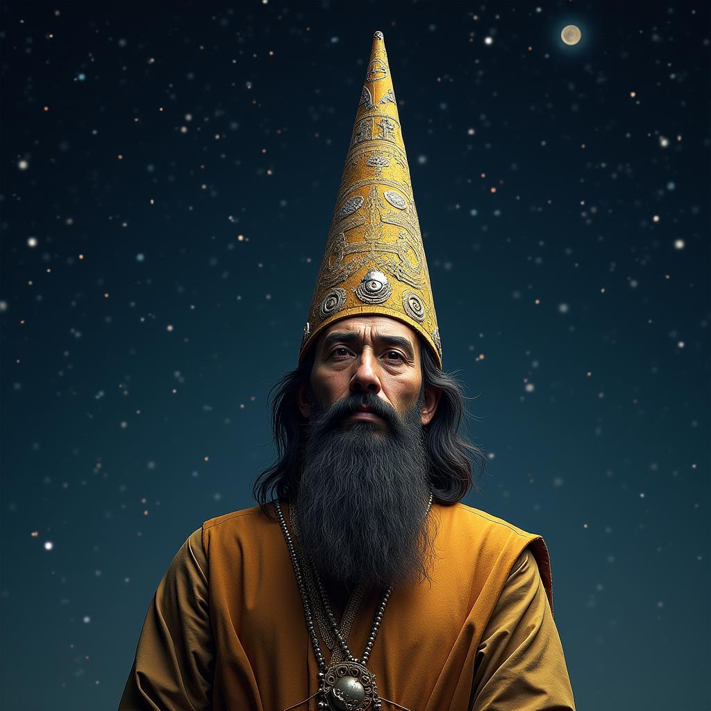 A depiction of an ancient astrology hat worn by an astrologer.