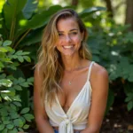 Marissa Carter, founder of Balmyard Beauty, surrounded by lush tropical plants, symbolizing the brand's commitment to natural ingredients.