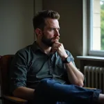 Man Contemplating While Rubbing His Beard