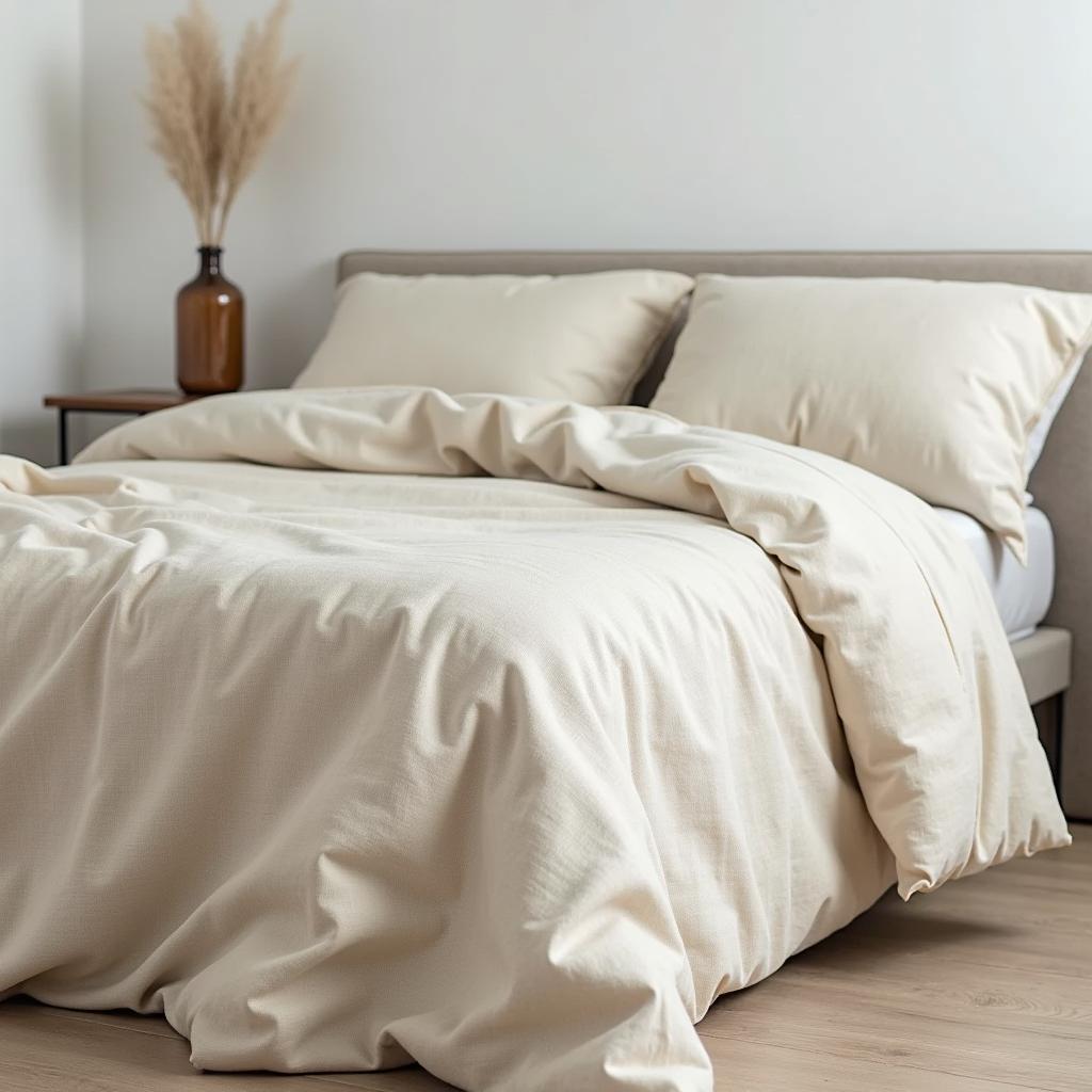 Beige linen duvet cover in a minimalist bedroom setting