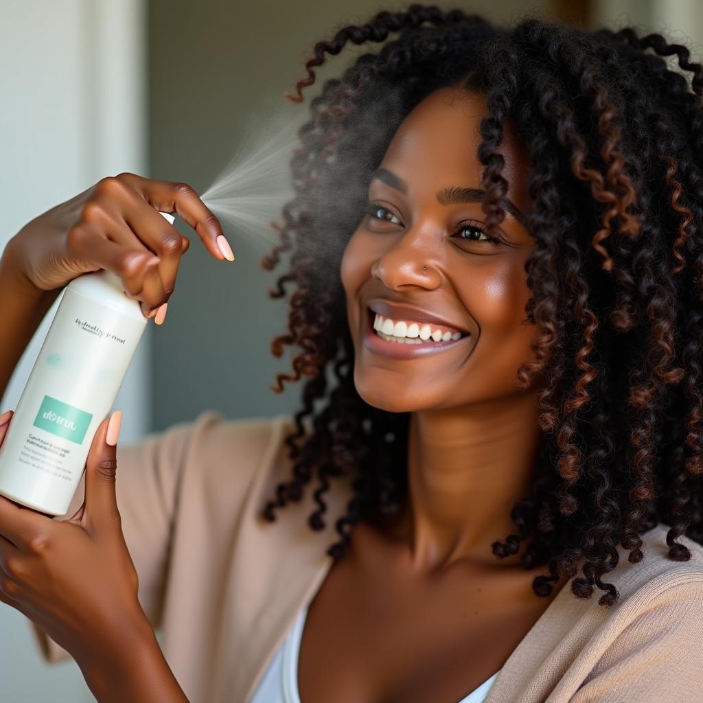 Best hydrating mist for locs - Close up of a woman spraying a hydrating mist on her locs