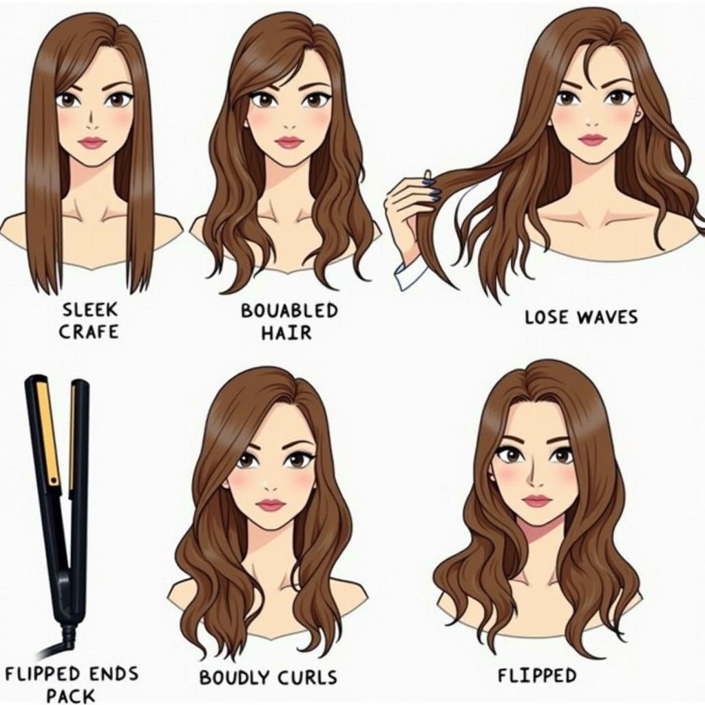 Different hairstyles achievable using a hair straightener.