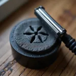 Billie Razor Close-Up: Showing the five-blade cartridge and charcoal shave soap surrounding.