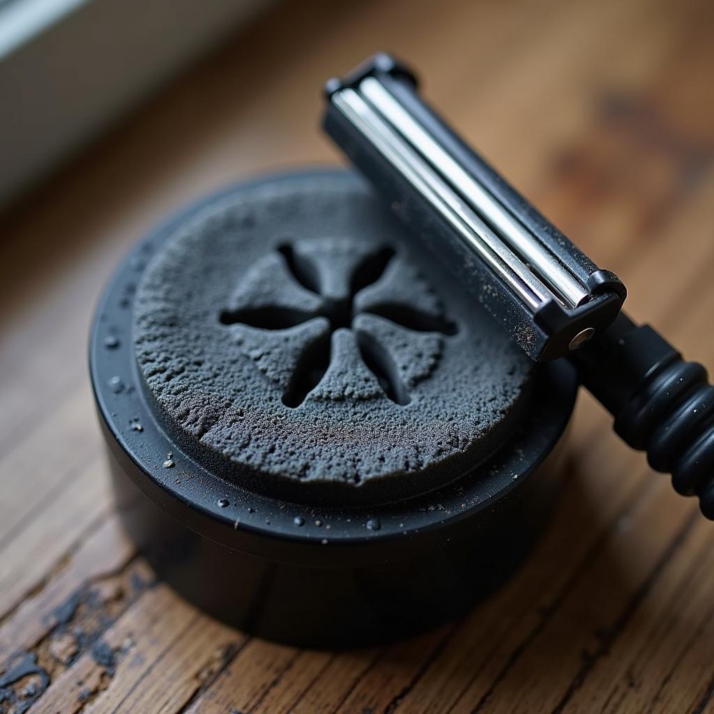 Billie Razor Close-Up: Showing the five-blade cartridge and charcoal shave soap surrounding.