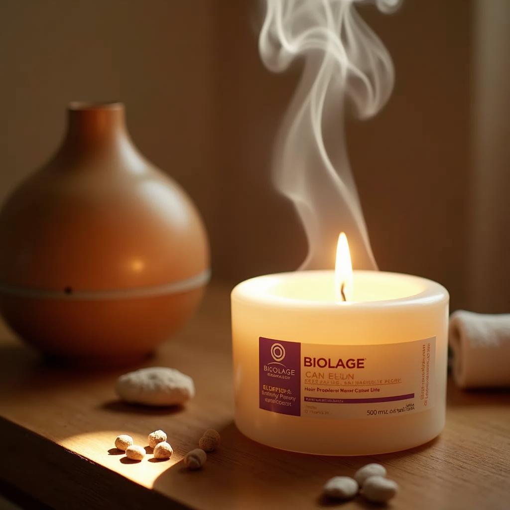 A glowing biolage candle illuminating a serene spa setting