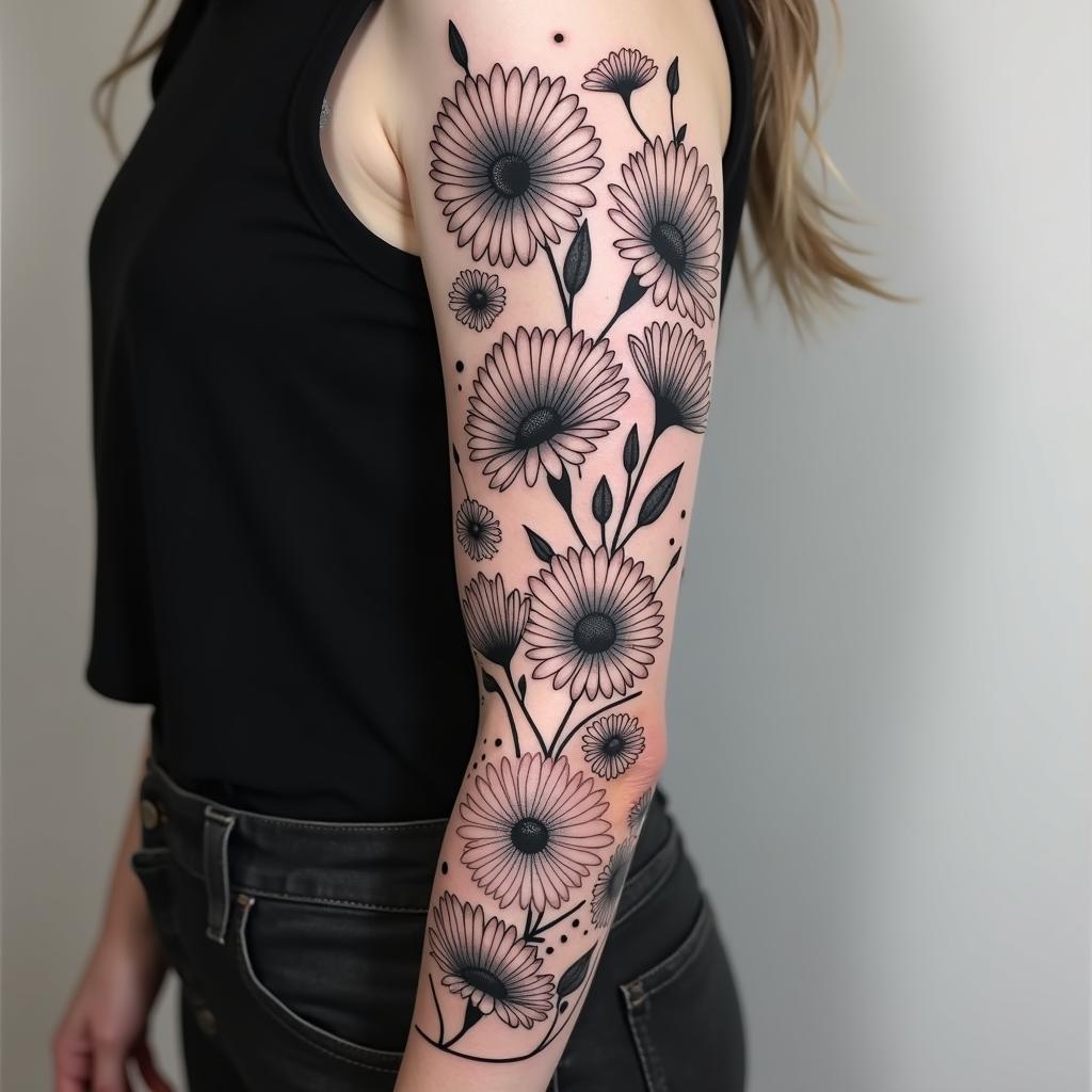 Intricate black and grey flower sleeve tattoo featuring various floral motifs