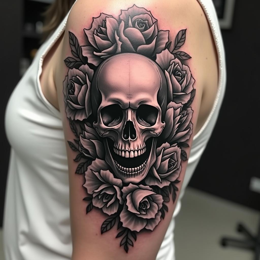 Black and grey flower tattoo incorporating a skull element