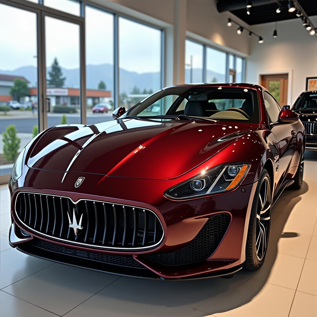 Black cherry metallic car in a showroom