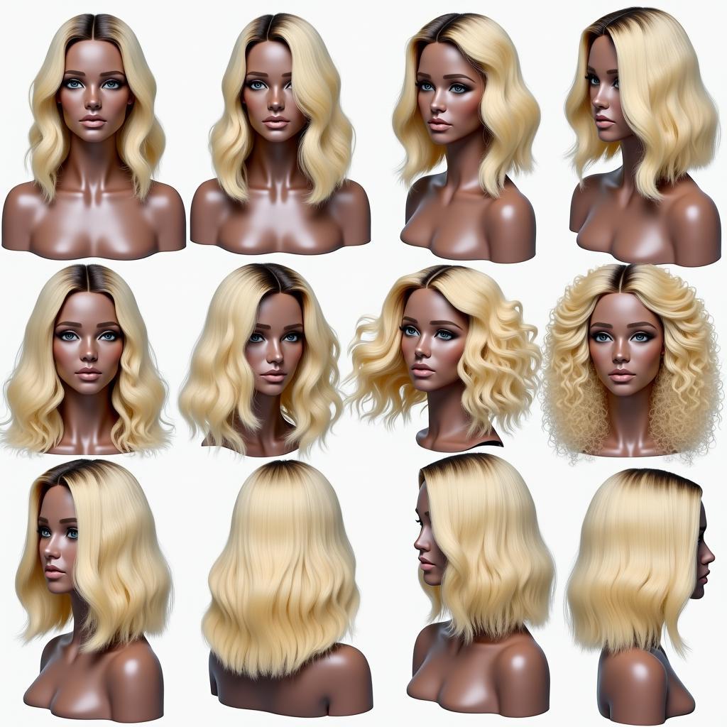 Blonde bob wig with brown roots in different textures