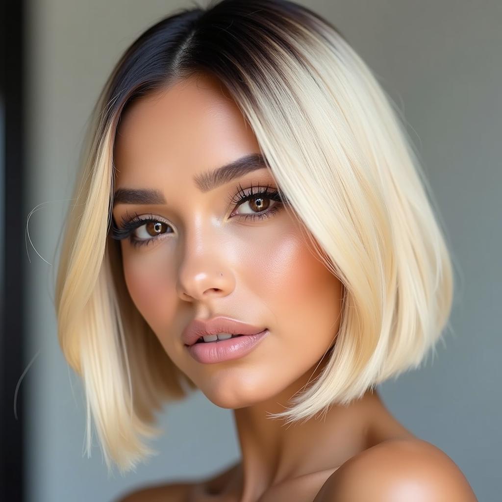 Model wearing a blonde bob wig with brown roots