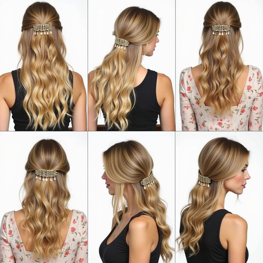 Different hairstyles incorporating chain hair clips, such as half-updos, side-swept styles, braids, and ponytails.