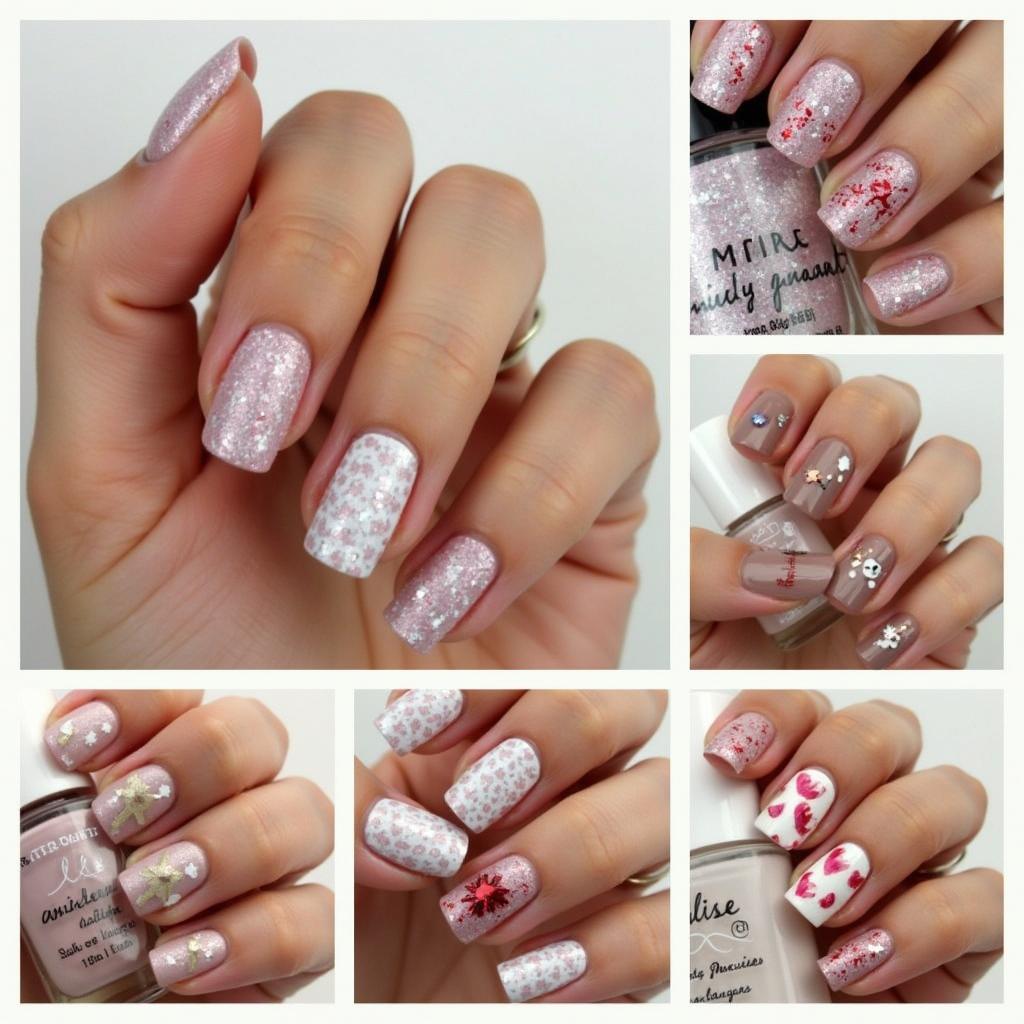 Various Christmas nail art designs with glitter and festive elements.