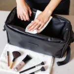 Cleaning a makeup artist bag with a damp cloth and mild soap.