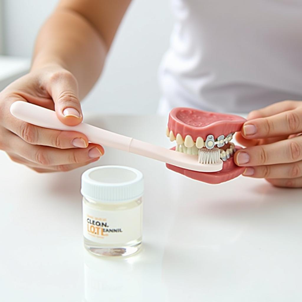 Cleaning a metal retainer with a toothbrush and retainer cleaner.