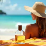 Woman relaxing on a beach with a bottle of coconut and pineapple perfume.