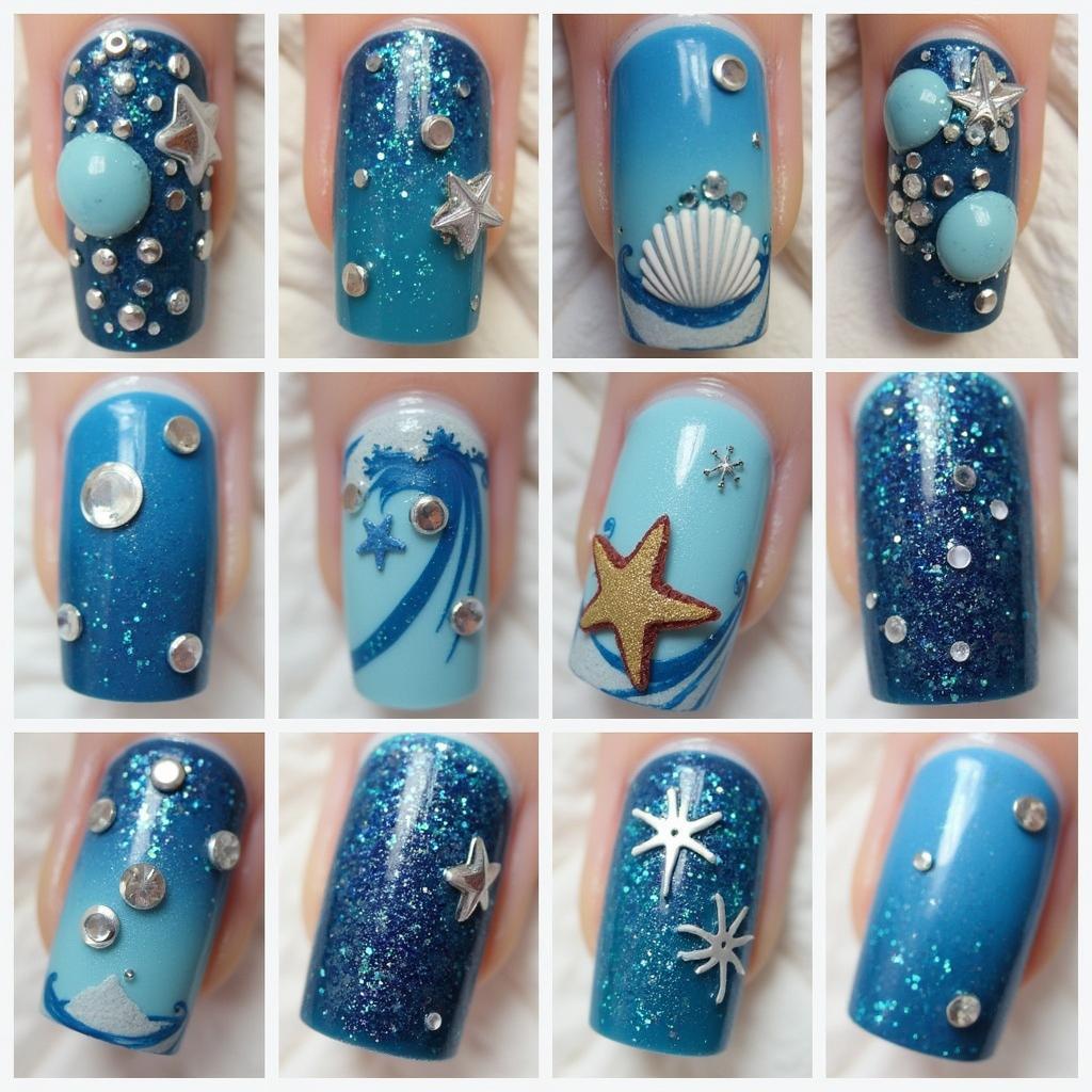 Complex nail art designs featuring various shades of ocean blue and nautical elements.