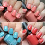 Coral blue nail polish swatches on various skin tones