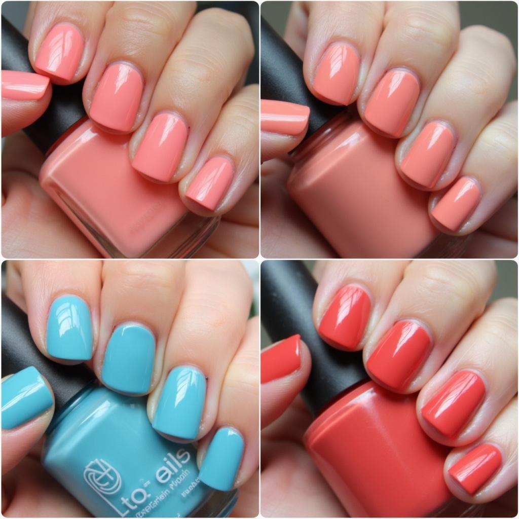 Coral blue nail polish swatches on various skin tones