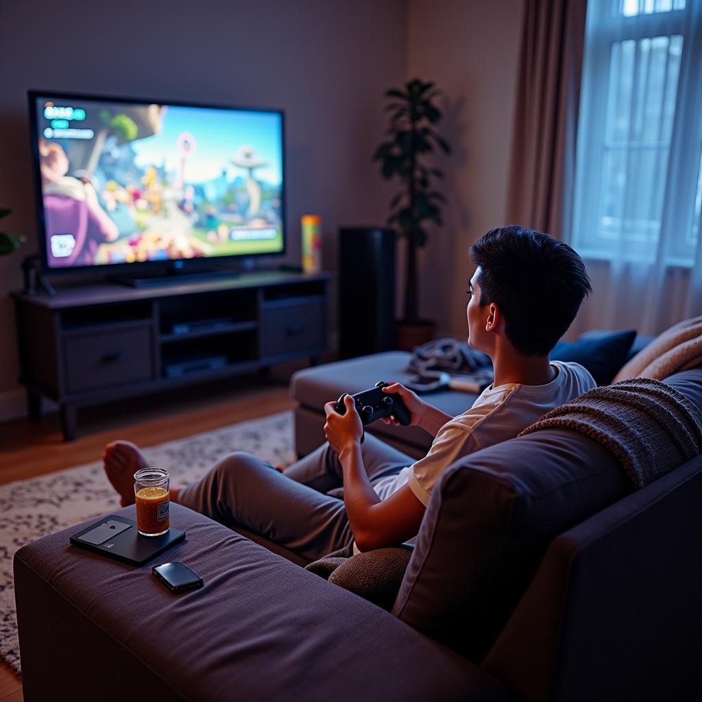 A couch potato immersed in a video game on a large TV, with snacks and drinks within reach.