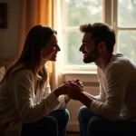 Image of a couple sitting together, holding hands, and communicating openly and honestly