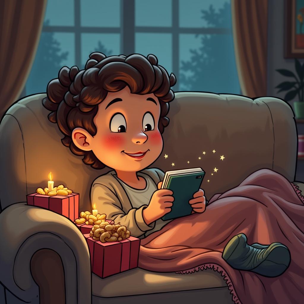 Cozy couch potato surrounded by gifts, enjoying a relaxing evening.