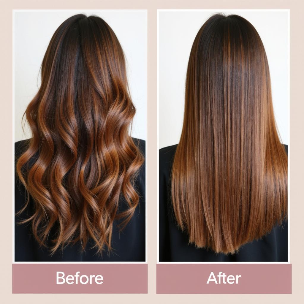 Before and after images showcasing the effects of bonding and protein treatments on damaged hair.