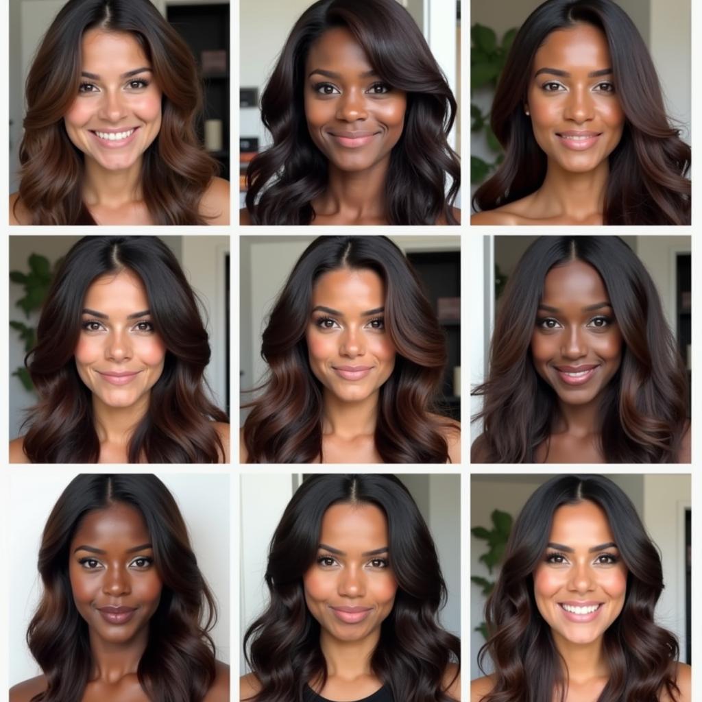 Women with different skin tones and dark brown hair