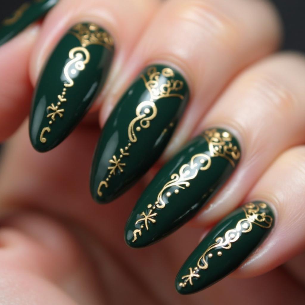 Dark Green Gel Nails with Gold Accents