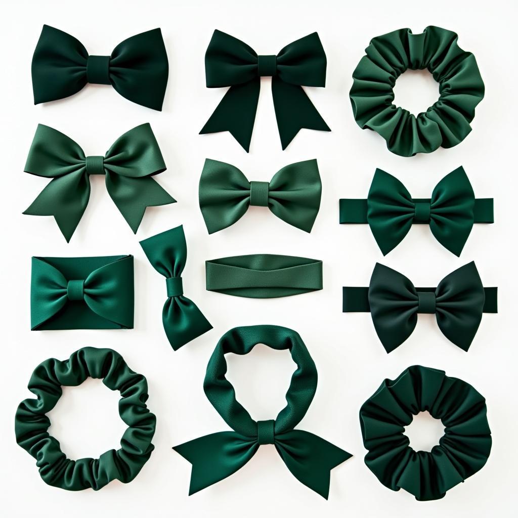 Dark Green Hair Bow Accessories: Examples of different dark green hair accessories, including clips, headbands, and scrunchies.