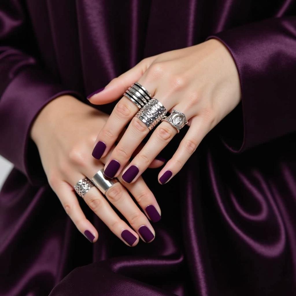 Dark purple dip powder nails adorned with silver rings