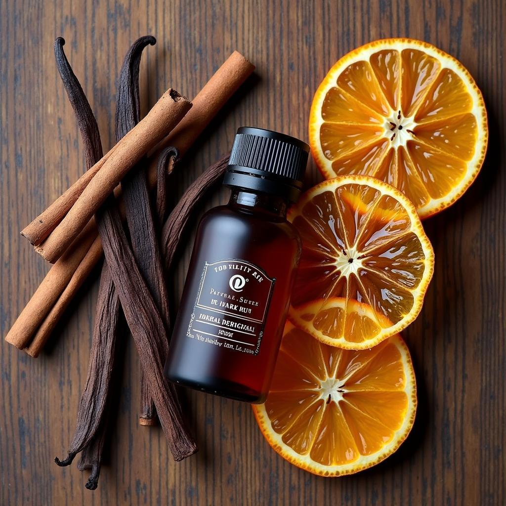 Various ingredients used in creating dark rum perfume, like vanilla beans, cinnamon sticks, and rum