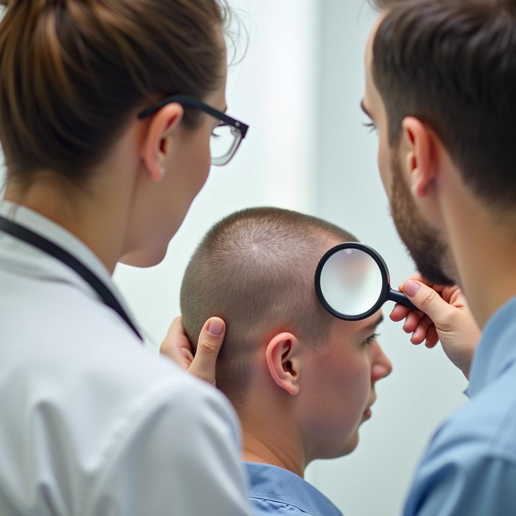 Dermatologist examining a patient's scalp