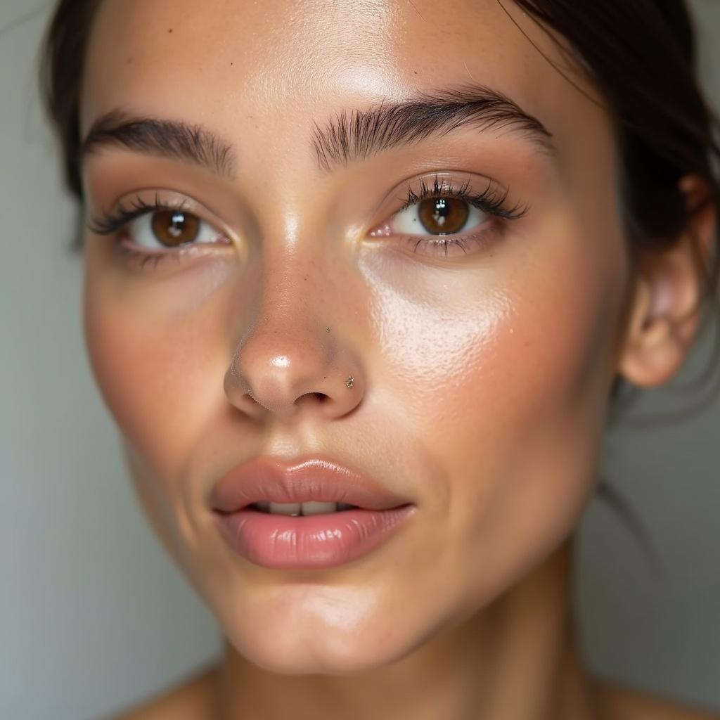 2019 Dewy Skin Makeup Trend: A woman with glowing, natural-looking skin showcasing the popular dewy makeup look of 2019.