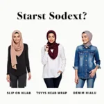 Various hijab styles like slip-on, head wrap, and denim hijab