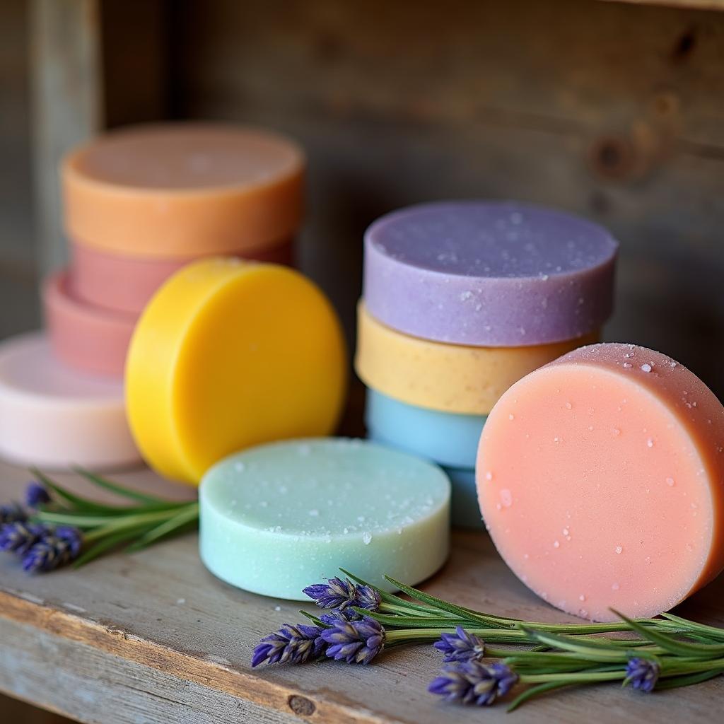 Various shampoo bars for wavy hair types on a wooden shelf.