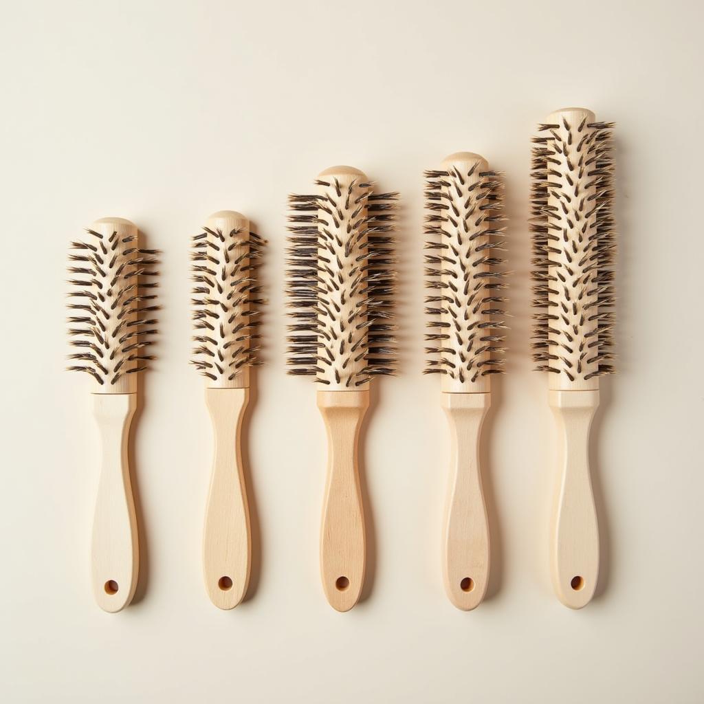 Various sizes of round boar bristle brushes displayed