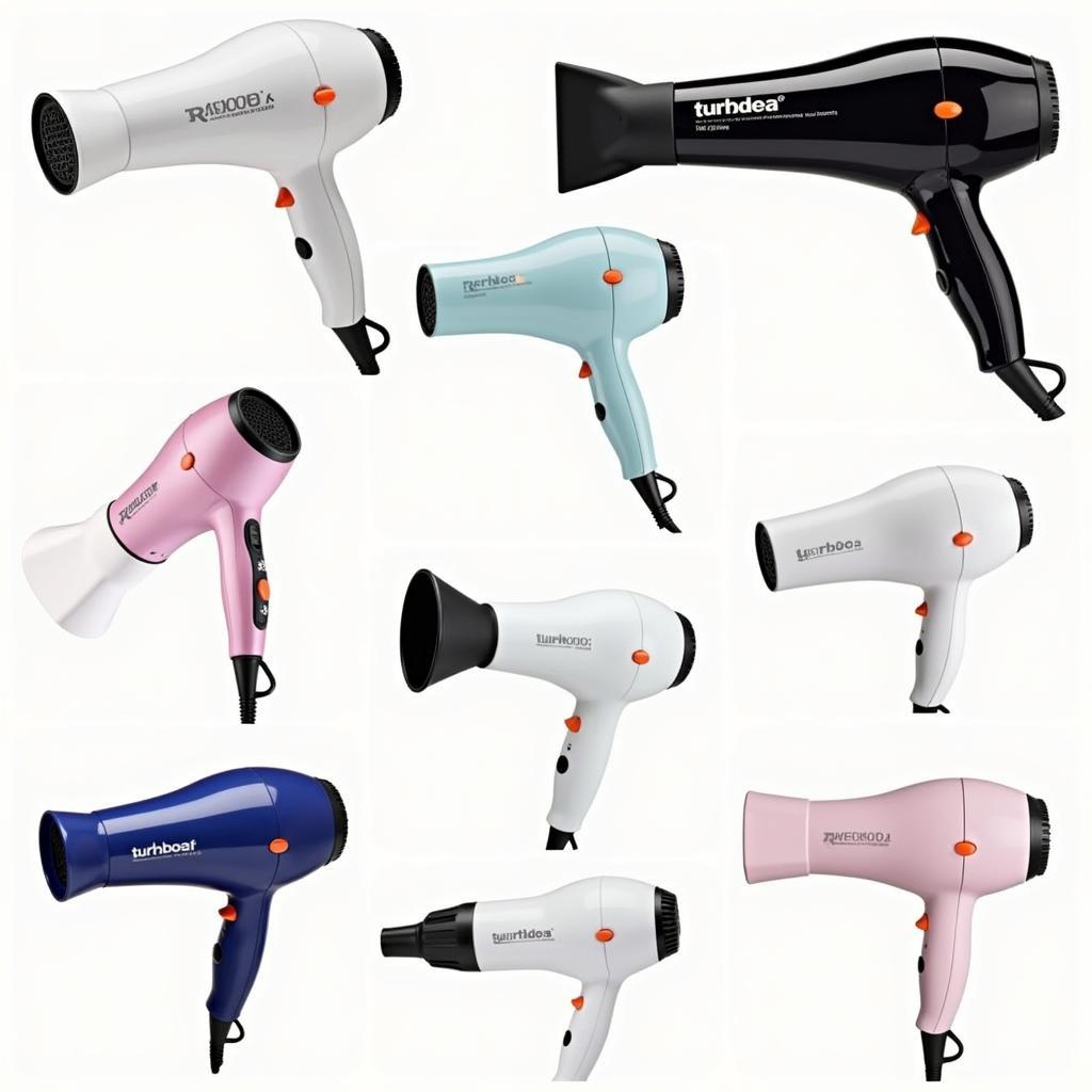 Various turbo blow dryers displayed on a shelf