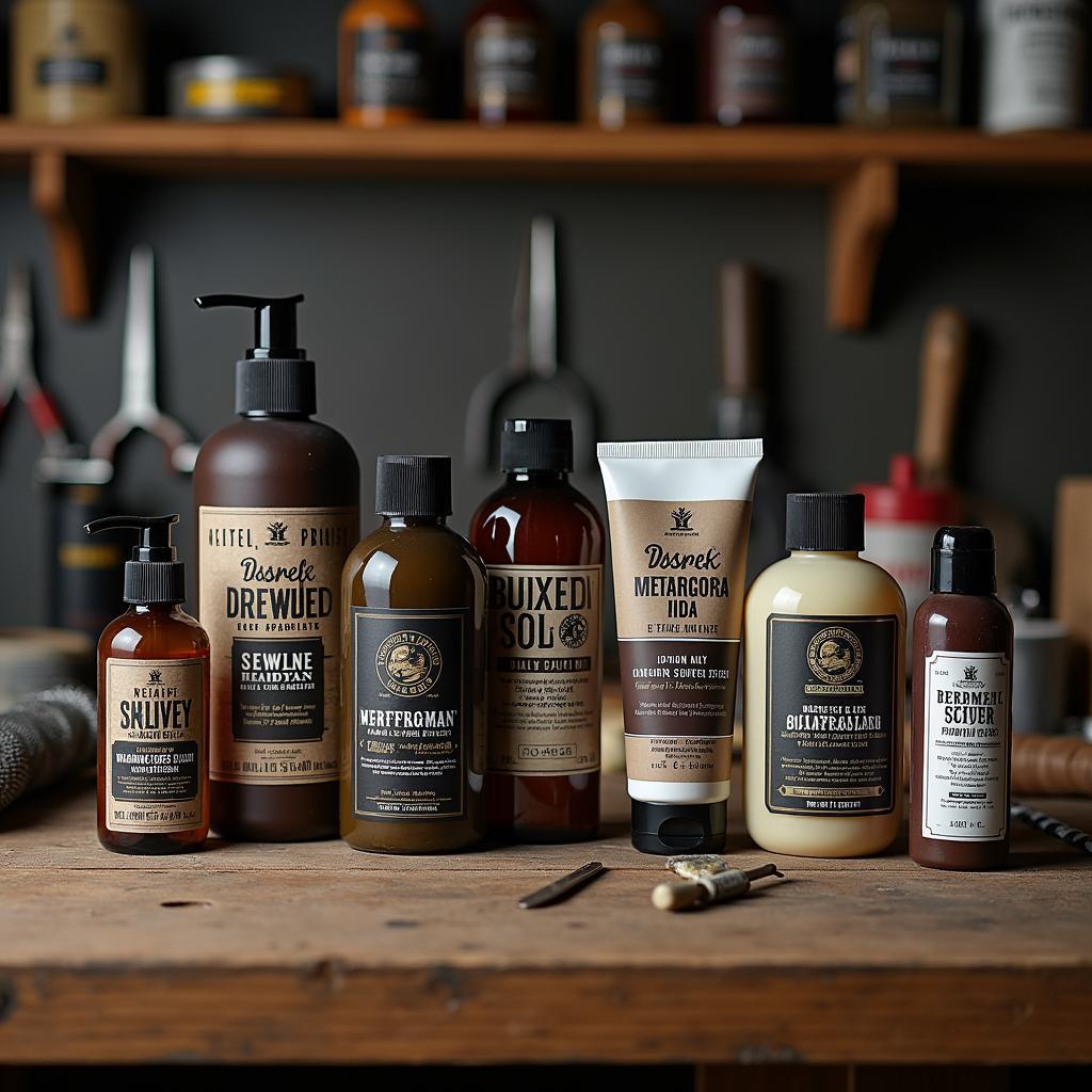 Various bottles and tubes of working man lotion displayed on a workbench