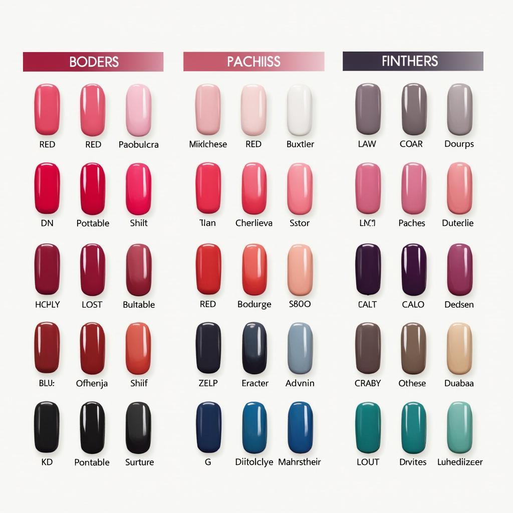 A color chart showcasing various shades of DN nail polish