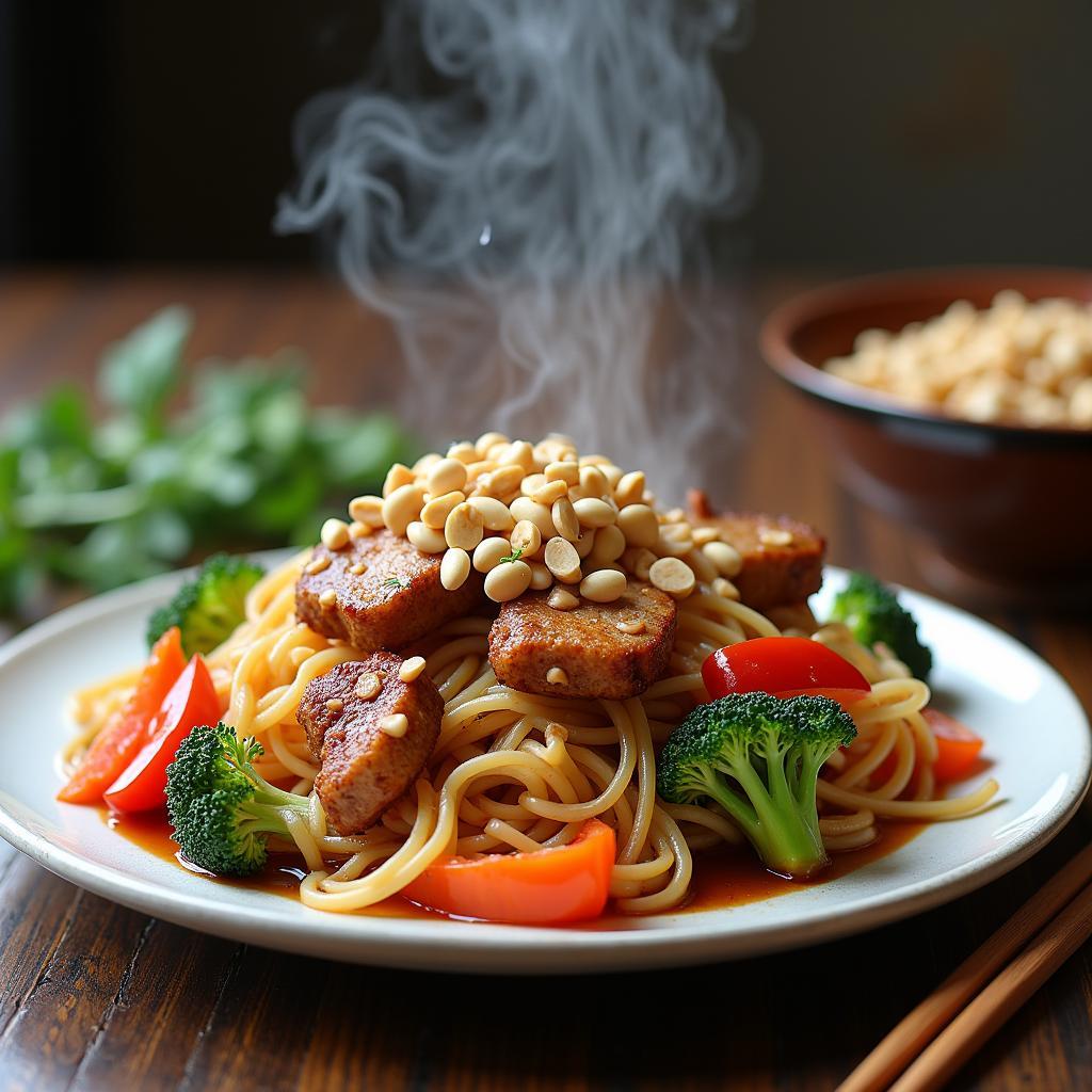 Duck tips stir-fry with colorful vegetables and noodles.