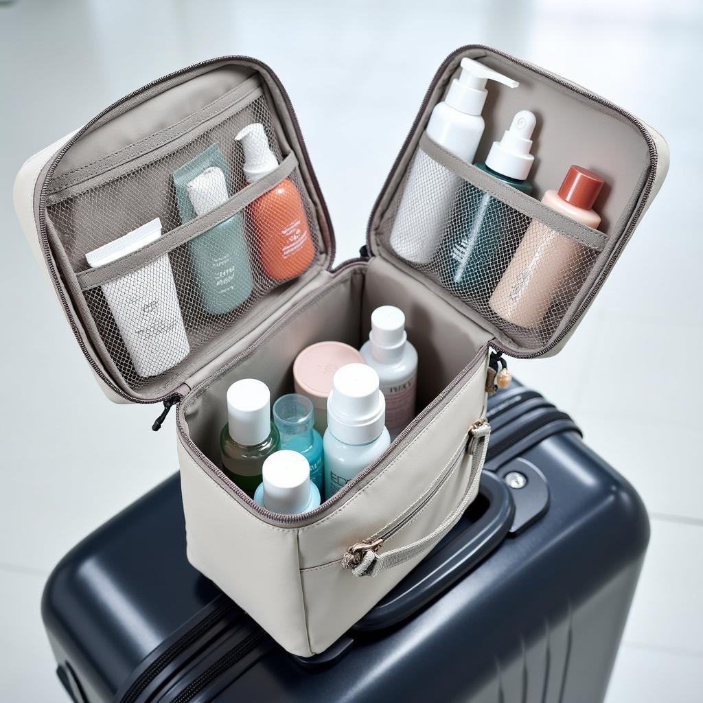 A durable, waterproof skin care bag with multiple compartments, ideal for travel.