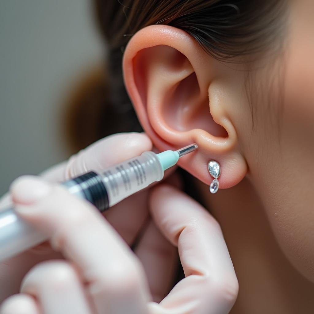 Close-up of an earlobe filler injection process