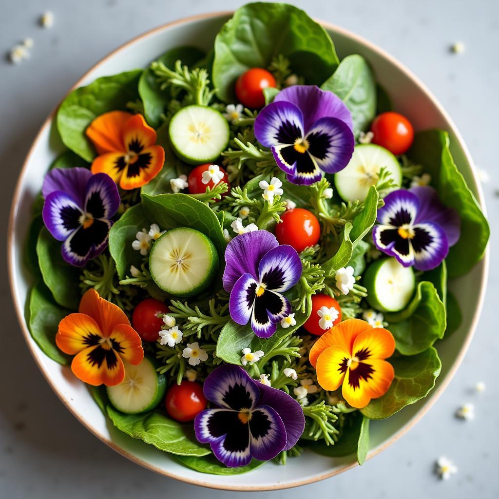 A colorful salad with edible flowers.