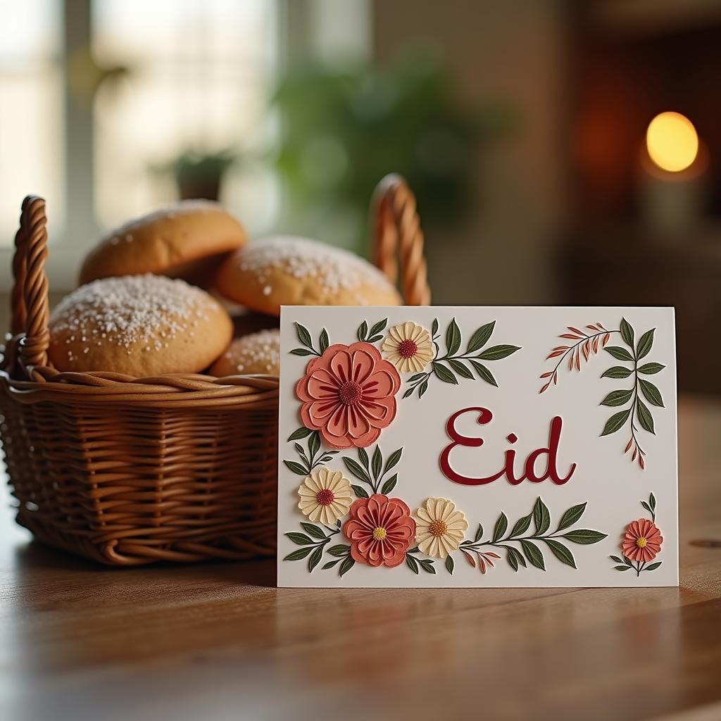 Budget-Friendly Eid Gifts: A handcrafted card and a basket of homemade treats.