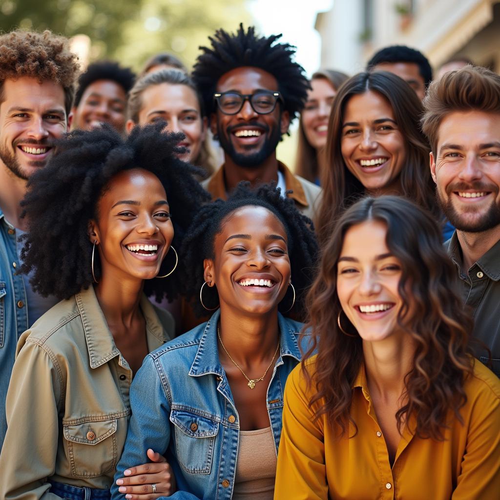 A diverse group of people smiling and interacting.