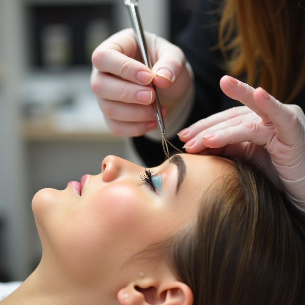 Close-up of eyebrow threading process in Stillwater OK