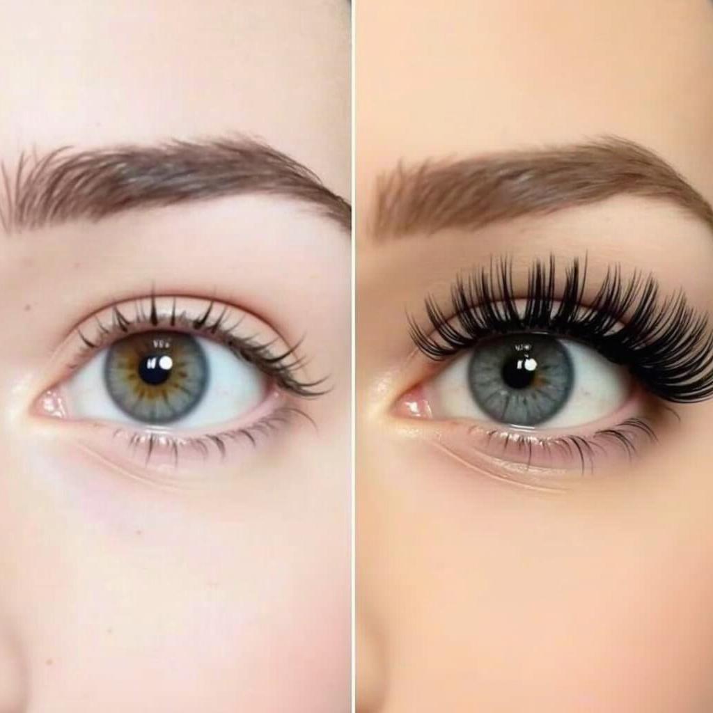 Eyelash Tint Before and After: A side-by-side comparison showing the dramatic difference between natural lashes and tinted lashes.