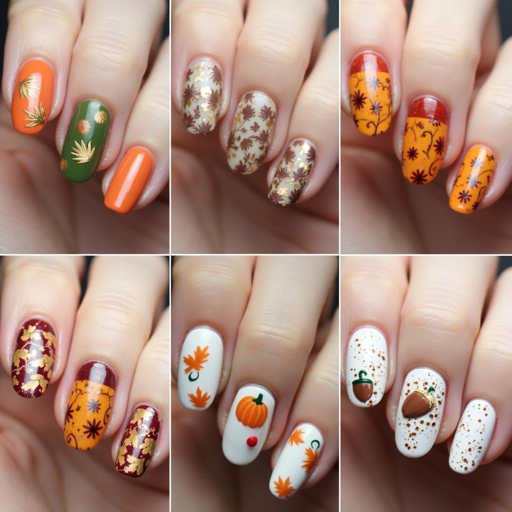 Examples of intricate nail art designs using fall gel polish colors and themes.